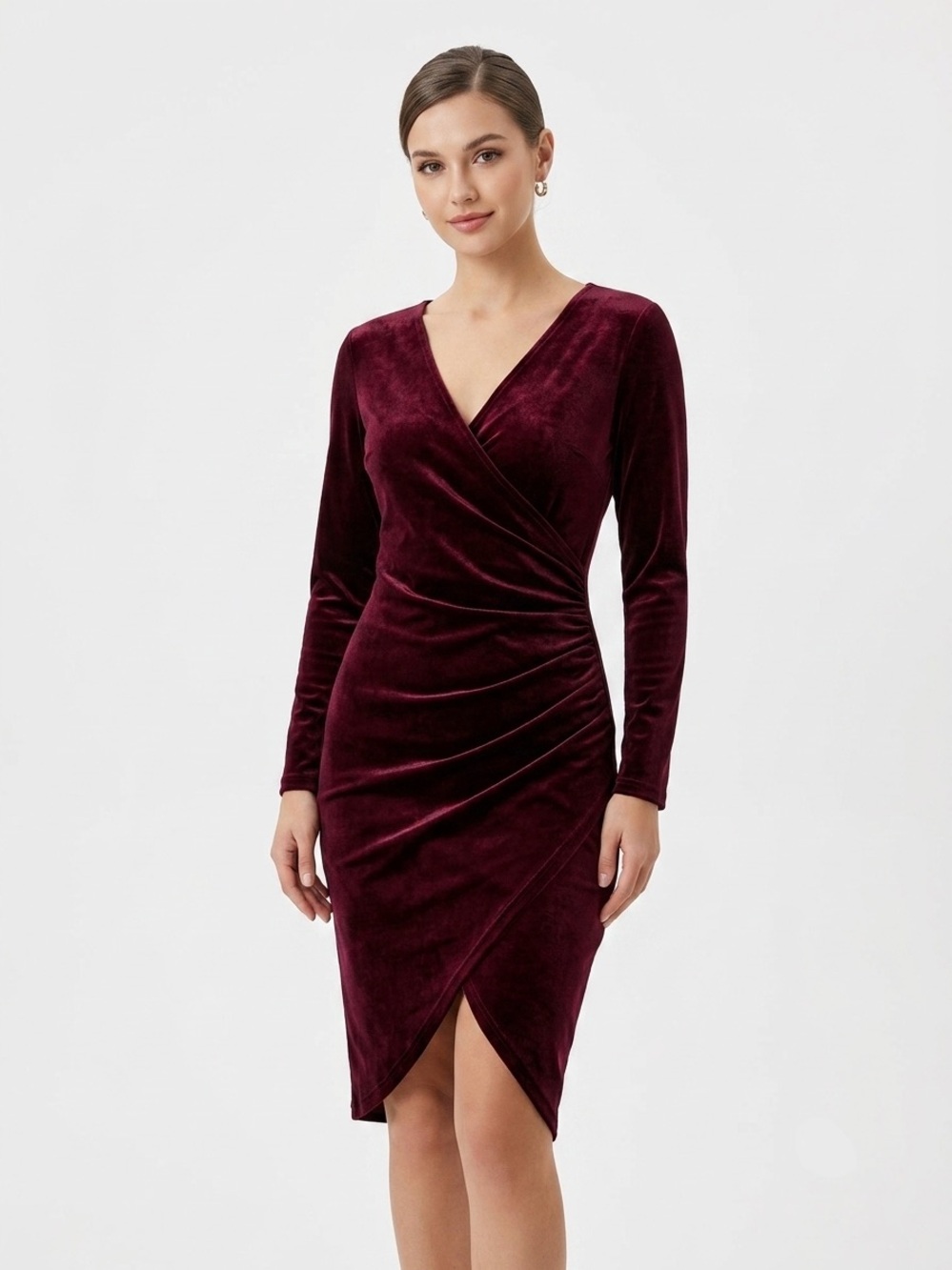 Guberry, Velvet Wrap Midi Dress in Deep Burgundy - M